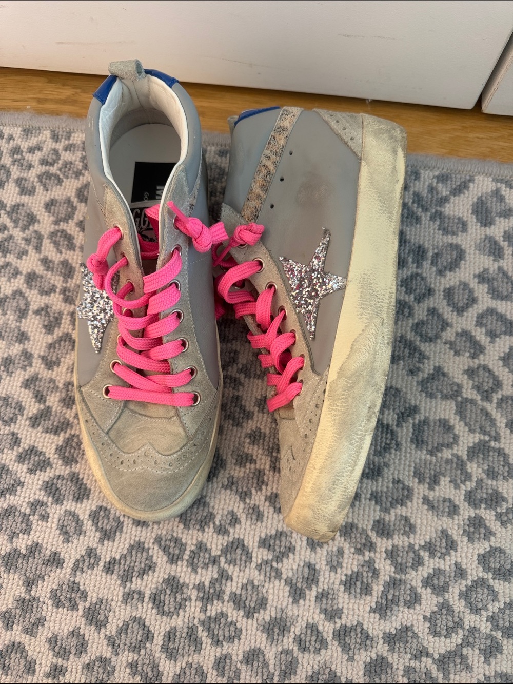 Golden Goose Gray High-Top Sneakers with Pink Laces and Glitter Star Size 8